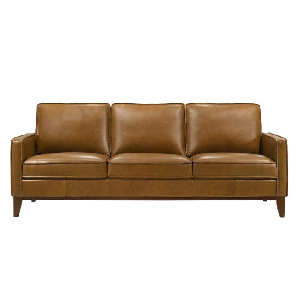Caspar Caramel Brown Leather Stationary Sofa with Wood Legs