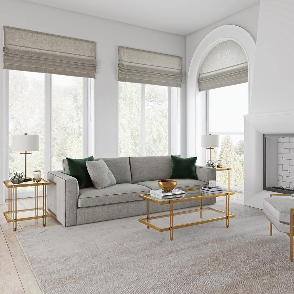 Modern Brass Finish Rectangular Coffee Table with Glass Storage Shelf