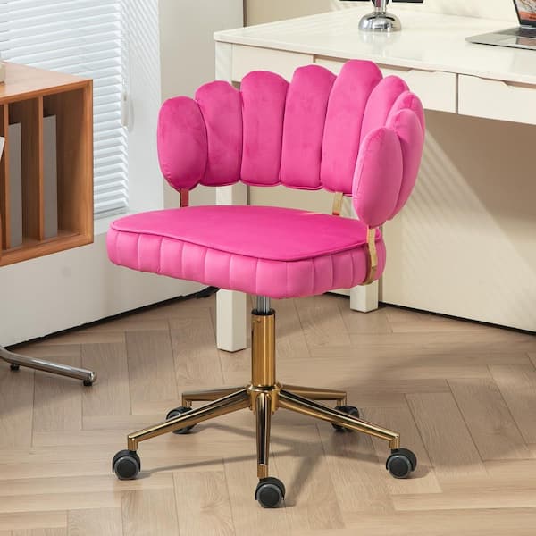 Modern Velvet Swivel Home Office Ergonomic Desk Chair in Pink with Arms and Gold Base