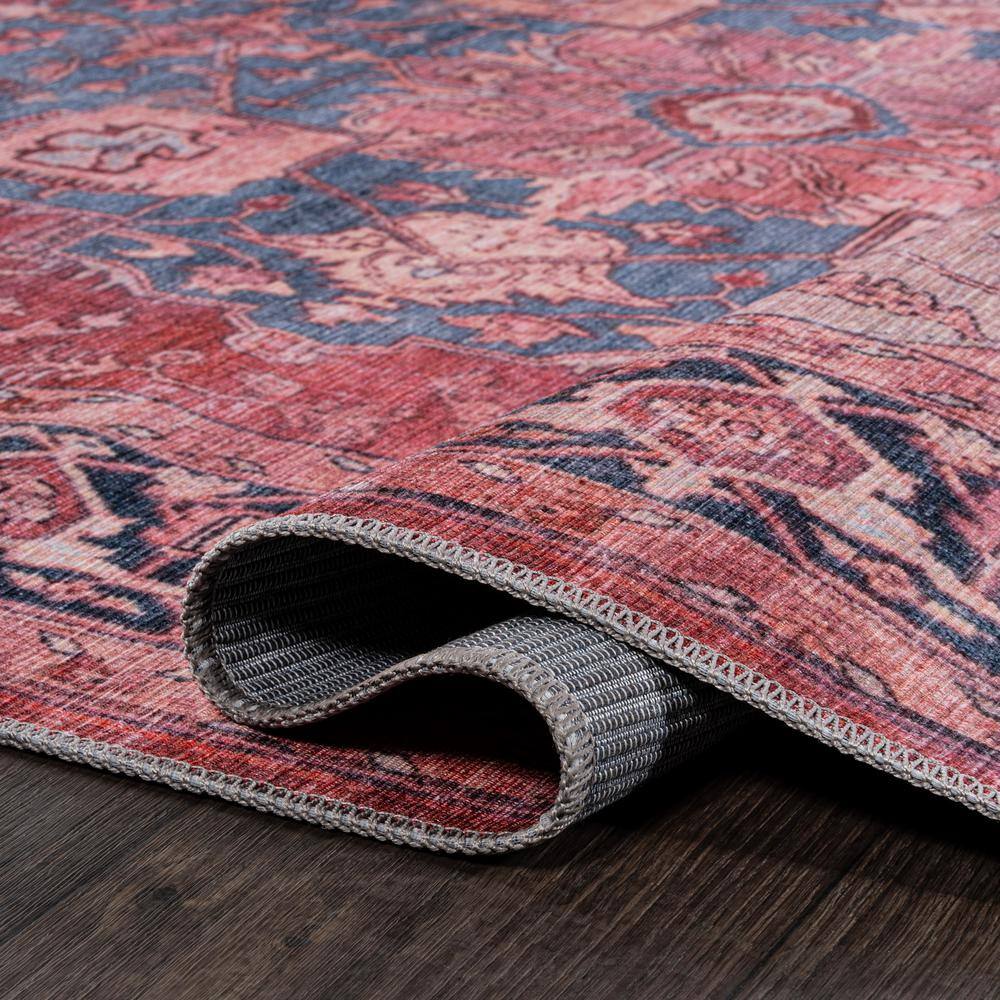 Maris Ornate Medallion Machine-Washable Red/Black/Blue Chenille 4' x 6' Area Rug