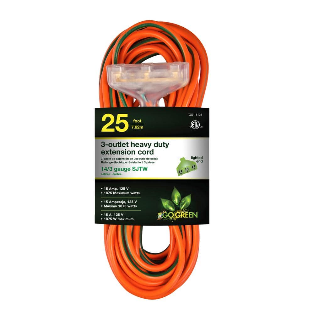 Gogreen Power GG-15125 14/3 25' 3-Outlet Heavy Duty Extension Cord - Lighted End