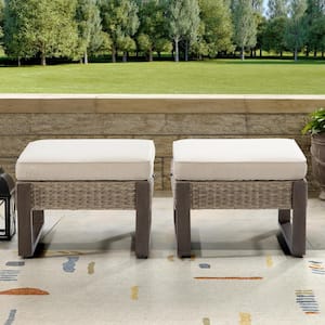 Wicker Outdoor Patio Ottoman with Steel Frame and Beige Cushion (Set of 2)