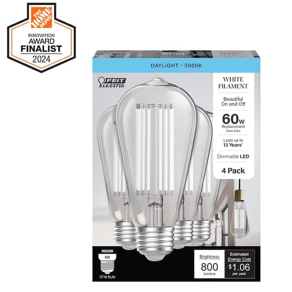 60-Watt Equivalent ST19 Dimmable White Filament Clear Glass E26 Vintage Edison LED light Bulb, Daylight 5000K (4-Pack)