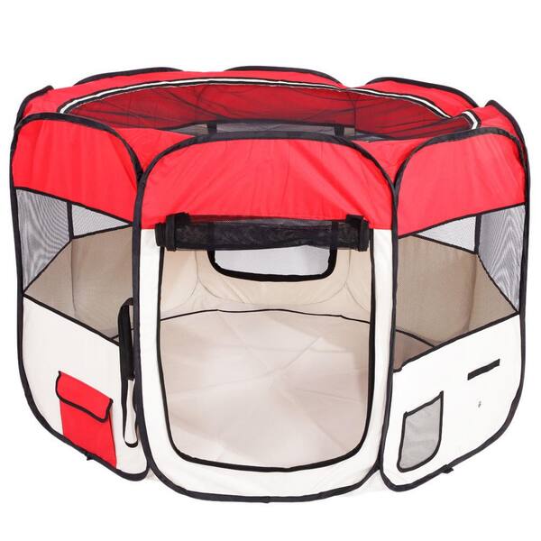 Foobrues 36 in. Portable Foldable 600D Oxford Cloth and Mesh Pet Playpen Fence with 8-Panels Red