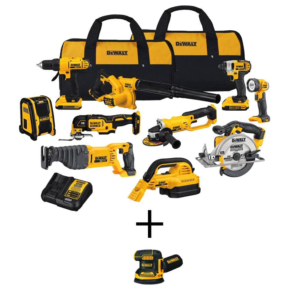 20V Max Cordless Combo Kit (10-Tool) and 5 in. Random Orbital Sander with (2) 20-Volt 2.0Ah Batteries, Charger & Bag -  DEWALT, DCK1020D2WCW210