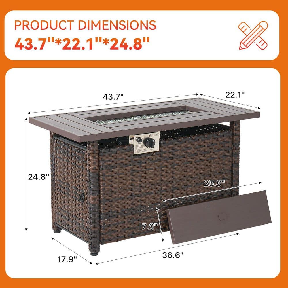 Sizzim Brown 44 in. 50,000 BTU Wicker Rectangular Outdoor Fire Pit Table with Removable Lid , Lava Rock SM-03-44BRW
