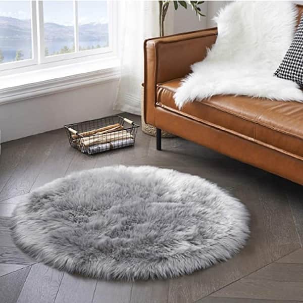 Faux Sheepskin Fur Gray 3 ft. Round Fuzzy Cozy Furry Rugs Area Rug