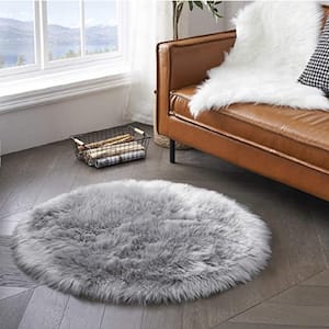 Sheepskin Faux Furry Grey 4 ft. x 4 ft. Cozy Round Rugs Area Rug