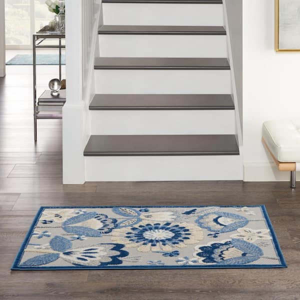Aloha Blue/Gray doormat 3 ft. x 4 ft. Floral Contemporary Indoor/Outdoor Patio Kitchen Area Rug
