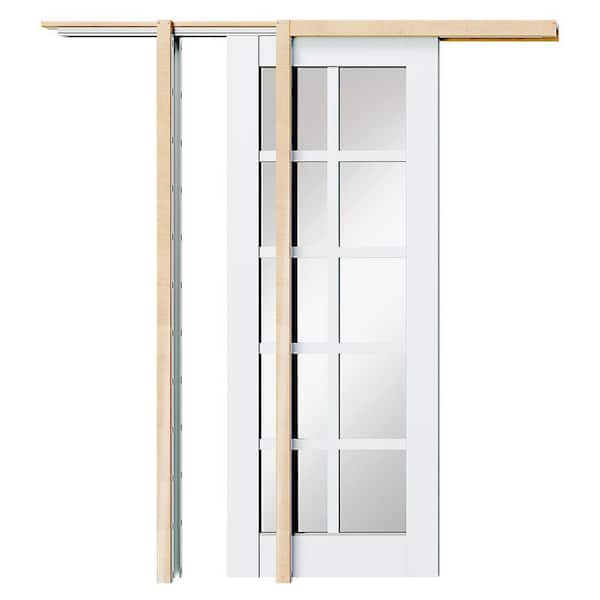 TENONER 64 in. x 80 in. 10 Lite, Mirrored Glass, Solid Core, DIY Painted, White Primed, MDF Sliding Door with All Hardware