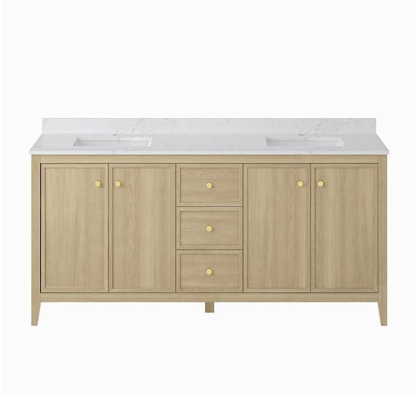 Fluctus 72 in. W Double Sink Freestanding Bath Vanity in Wheat Oak with Calacatta Cultured Marble Top