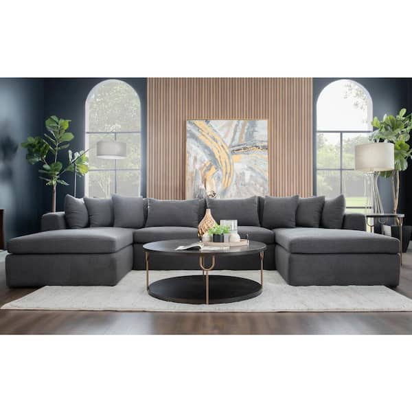 Monland 141 in. Square Arm Polyester U-Shaped Stationary Chaise Deep-Seated Oversized 3-Pieces Indoor Sectional Sofa in Grey