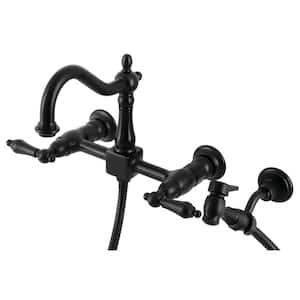 Heritage 2-Handle Wall Mount Kitchen Faucets with Brass Sprayer in Matte Black