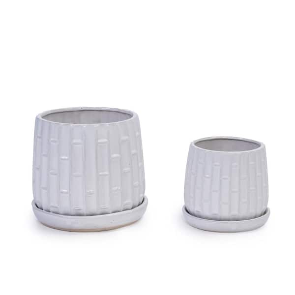White Bamboo-Pattern Glazed Ceramic Outdoor Planter Set with Drainage Holes(Set of 2)