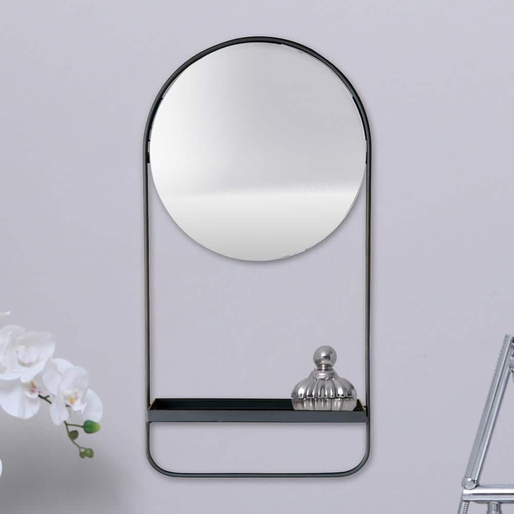 Black Round Metal Wall Mirror with Shelf, 23" Height