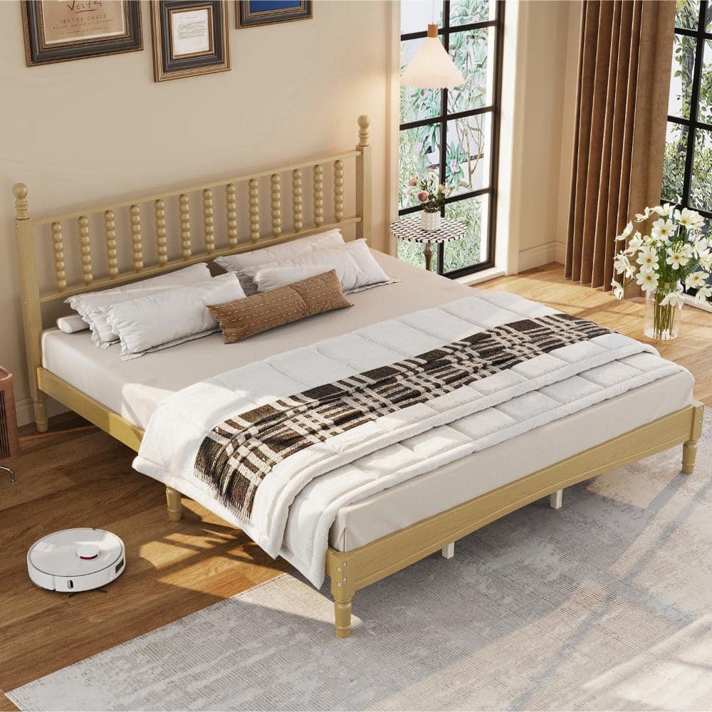 Natural Wood Frame King Size Platform Bed with Gourd Shaped Headboard