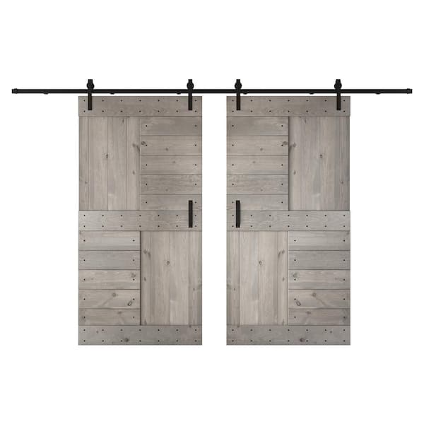COAST SEQUOIA INC S Series 84 in. x 84 in. Light Grey DIY Knotty Wood Double Sliding Barn Door with Hardware Kit