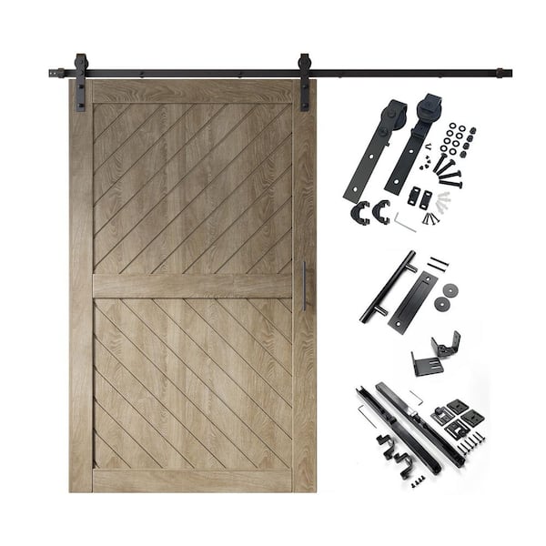 HOMACER XT3 42 in. x 80 in. C-Panel Classic Gray Slanted Stripe Design Solid Pine Wood Sliding Barn Door with Hardware Kit