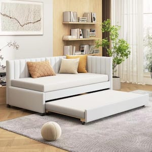 Beige Wood Twin Size Linen Upholstered Daybed, Sofa Bed with Channel-Tufted Backrest and Twin Size Trundle