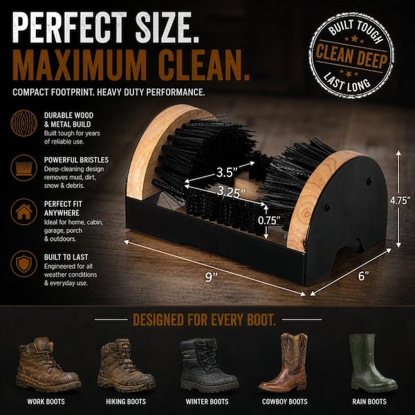 9 in. x 6 in. Heavy-Duty Metal and Wooden Base Shoe Cleaner Boot Scraper, Portable Scrubbing Brush, Boot Tray, Wooden