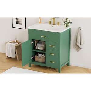 30 in. W Single Sink Freestanding Bath Vanity in Green with White Ceramic Top, 1 Doors and 2 Drawers