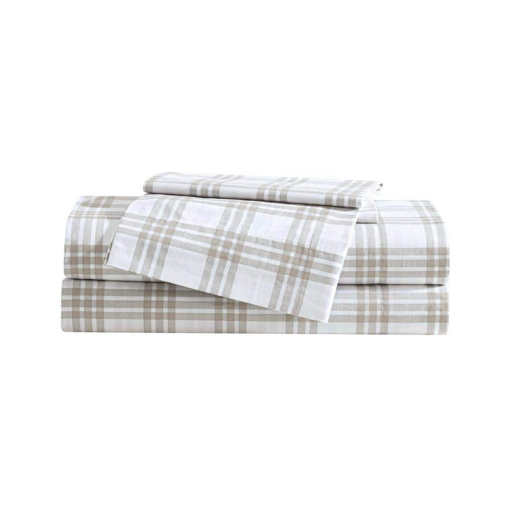 Eddie Bauer Basic Plaid 4-Piece White/Beige 100% Cotton King Sheet Set