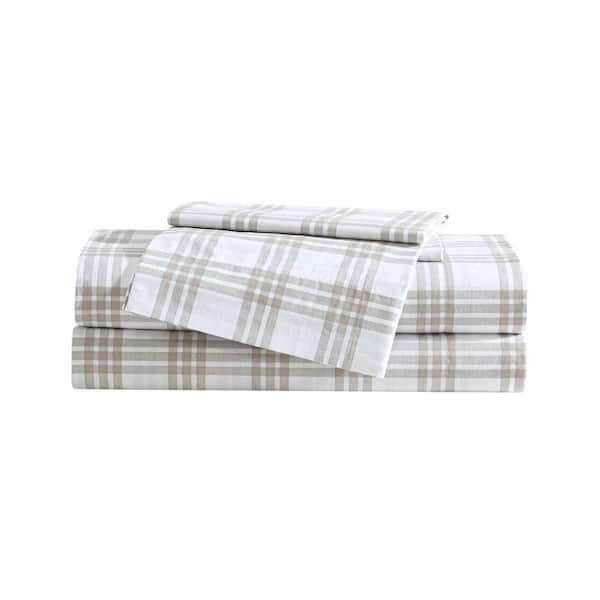 Basic Plaid 4-Piece White/Beige 100% Cotton King Sheet Set