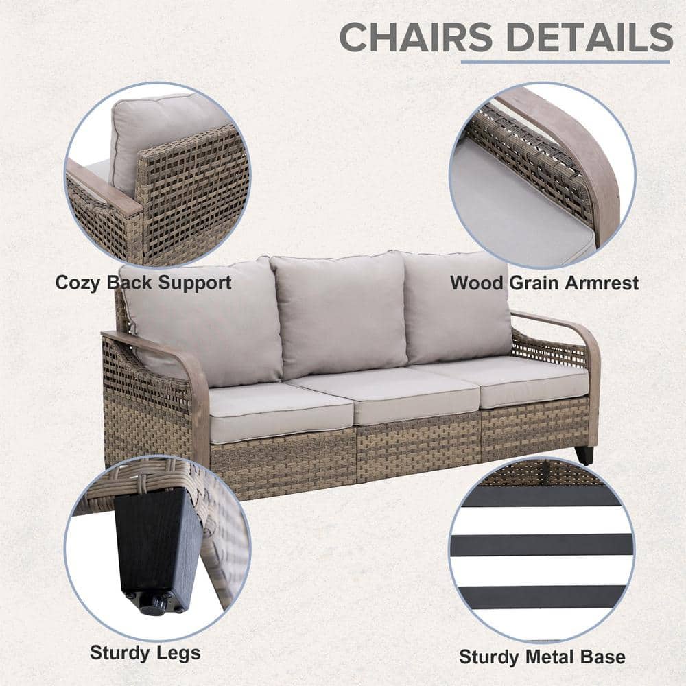Outdoor Beige Wicker and Steel Three-Seat Sectional Sofa with Gray Cushions