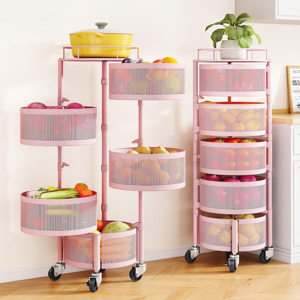 1-Piece 5 Tier Rotating Fruit Baskets Cart with Wheels, Metal Kitchen Vegetable Storage Organizer, Pink