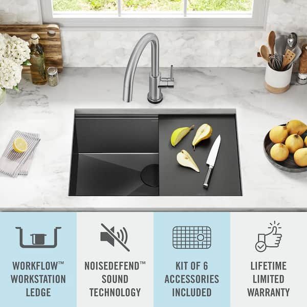 Delta - Rivet 25in Workstation Kitchen Sink Drop-In Top Mount 16 Gauge Stainless Steel Single Bowl with Workflow Ledge and Accessories