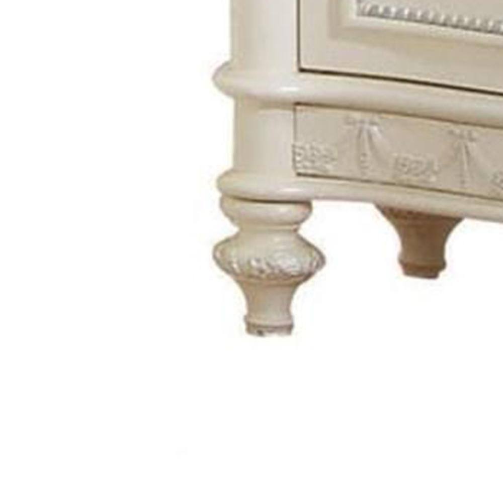 Ivory Pine Wood Nightstand with 2 Drawers and Floral Details