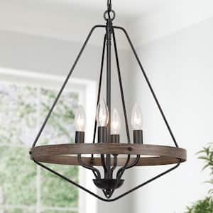 Modern Black Caged Chandelier 4-Light Brown Candlestick Rustic Foyer Chandelier Lamp with Faux Wood Accents