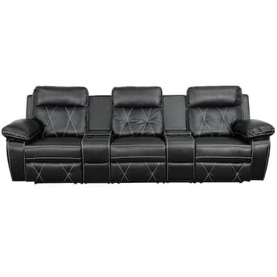 Reel Comfort Series 3-Seat Reclining Black Leather Theater Seating Unit with Straight Cup Holders