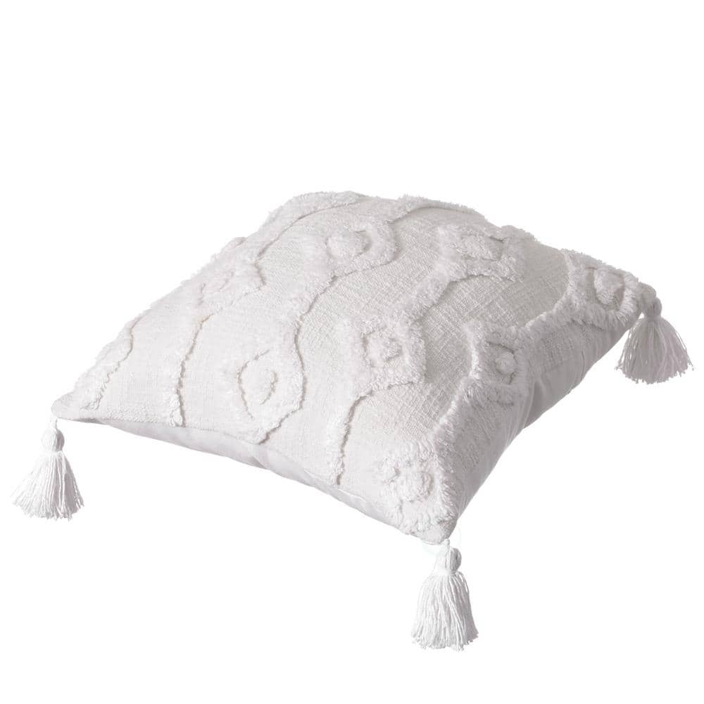 Handwoven Bohemian Tufted Cotton 17" Pillow Cover with Tassel Corners, White