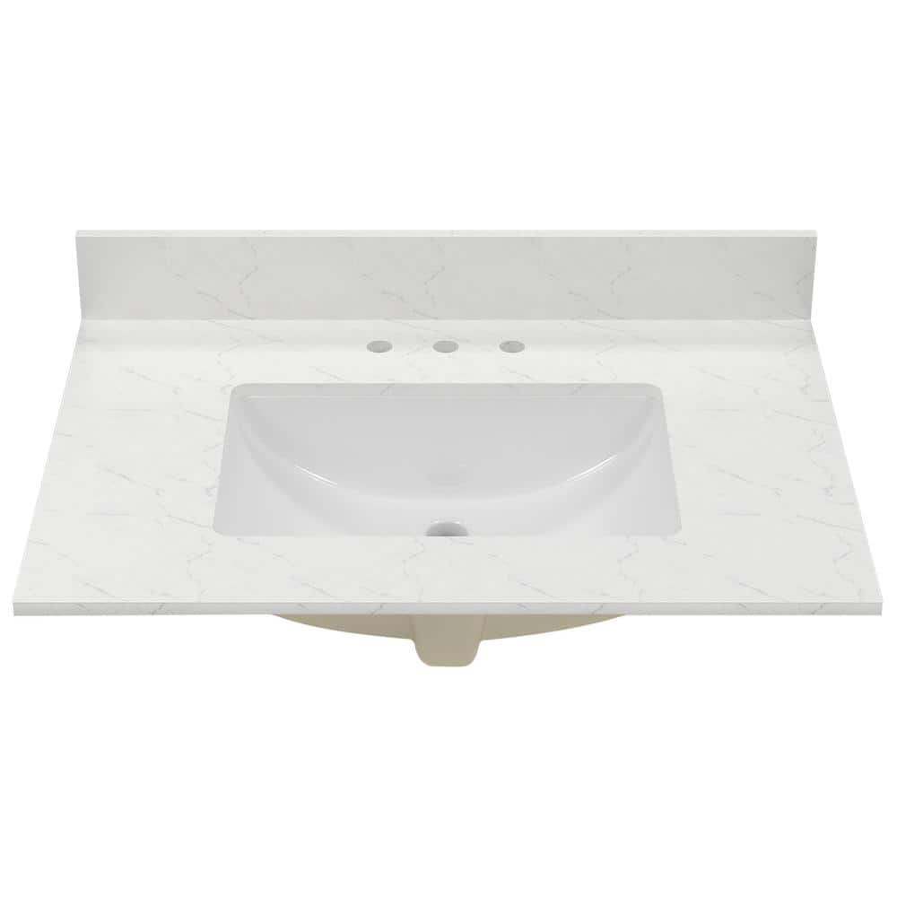 White Ceramic and Engineered Stone Bathroom Vanity Top with Sink