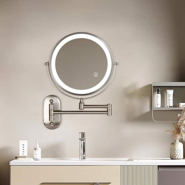 8.5 in.W x 8.5 in.H Round 1/10X Magnification,3-Color LED,Swing Arms Wall Mount Bathroom Makeup Mirror in Brushed Nickel