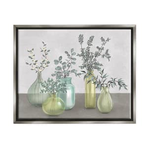 Plants In Vases Neutral Grey Design by Ziwei Li Floater Frame Nature Wall Art Print 31 in. x 25 in.