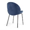 Full view of a blue linen upholstered dining chair.