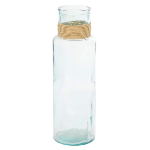 Litton Lane 18 in. Clear Spanish Recycled Glass Decorative Vase with Wrapped Rattan Neck Detail