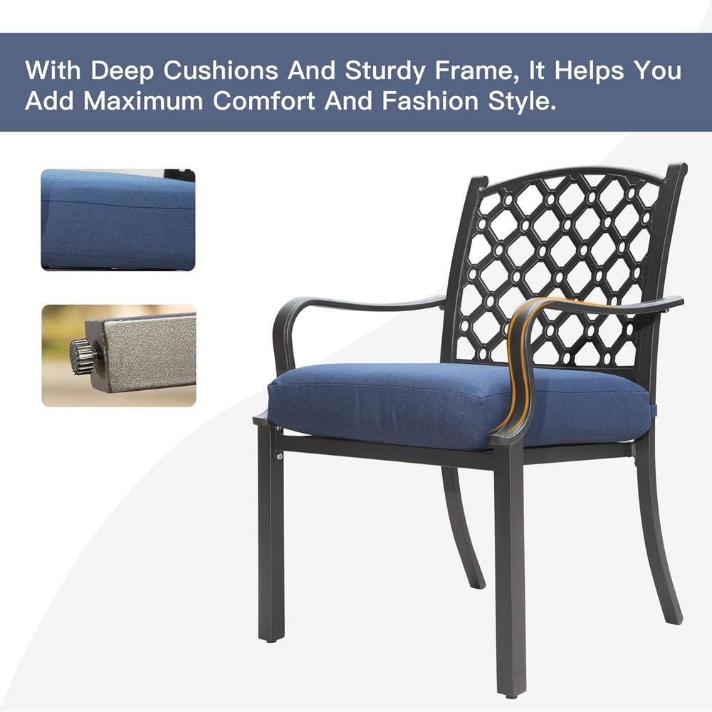 7-Piece Dark Brown Steel Outdoor Dining Set with Navy Blue Cushions