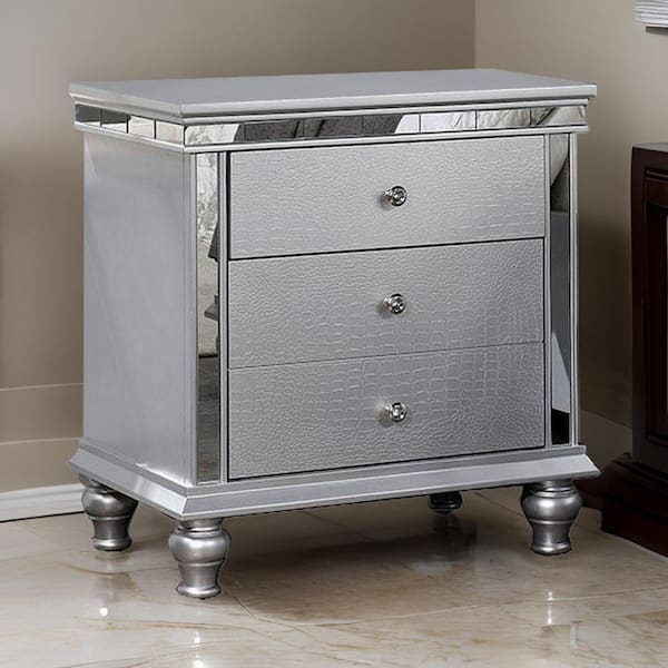 Benjara 27 in. Silver 3-Drawers Wooden Nightstand