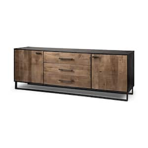 Alvin 82 in. x 20 in. 2-Tone Brown Solid Wood Frame Black Metal Base 3-Drawer 2-Cabinet Door Sideboard