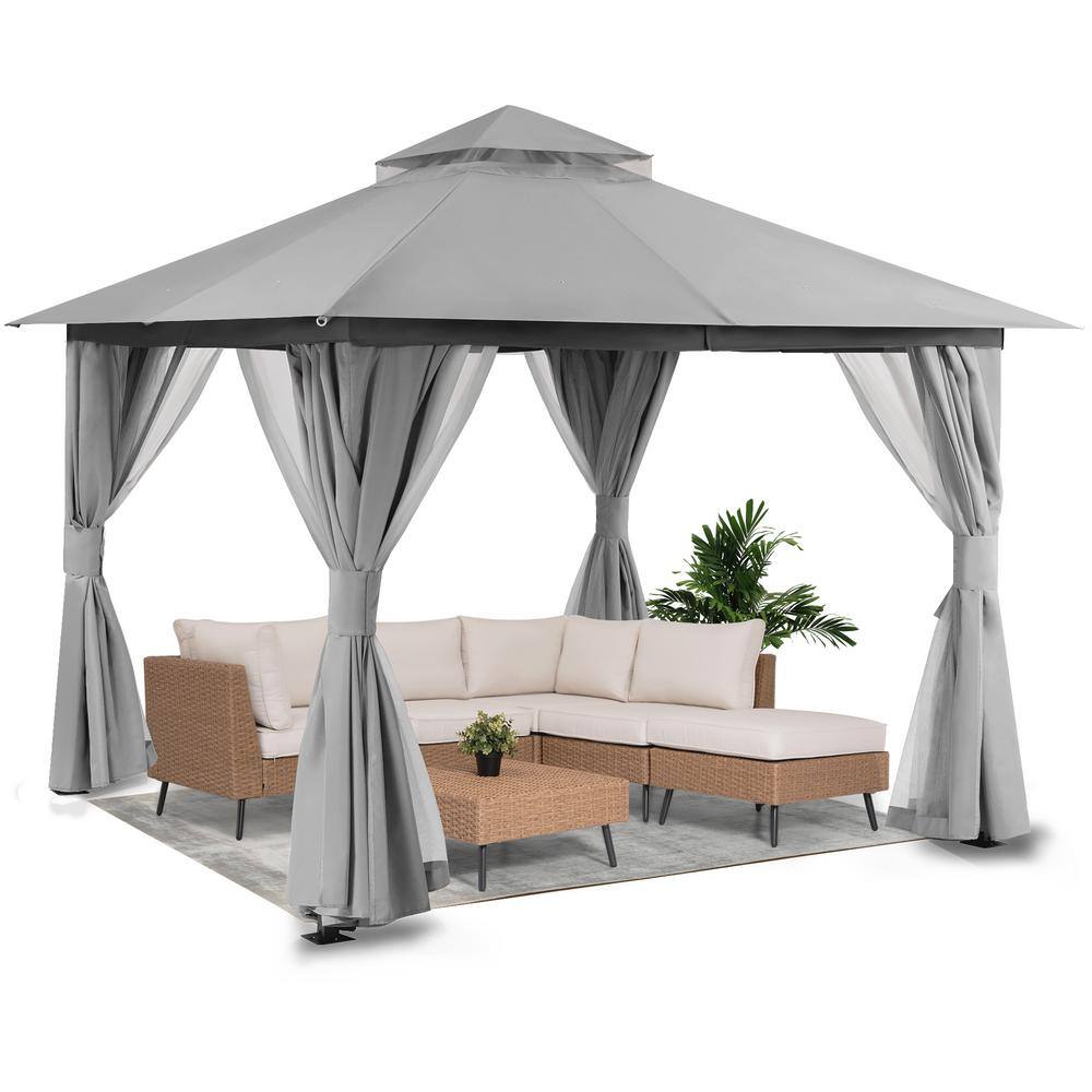 Gray 10'x10' Steel Patio Gazebo with Double Roof and Mosquito Netting