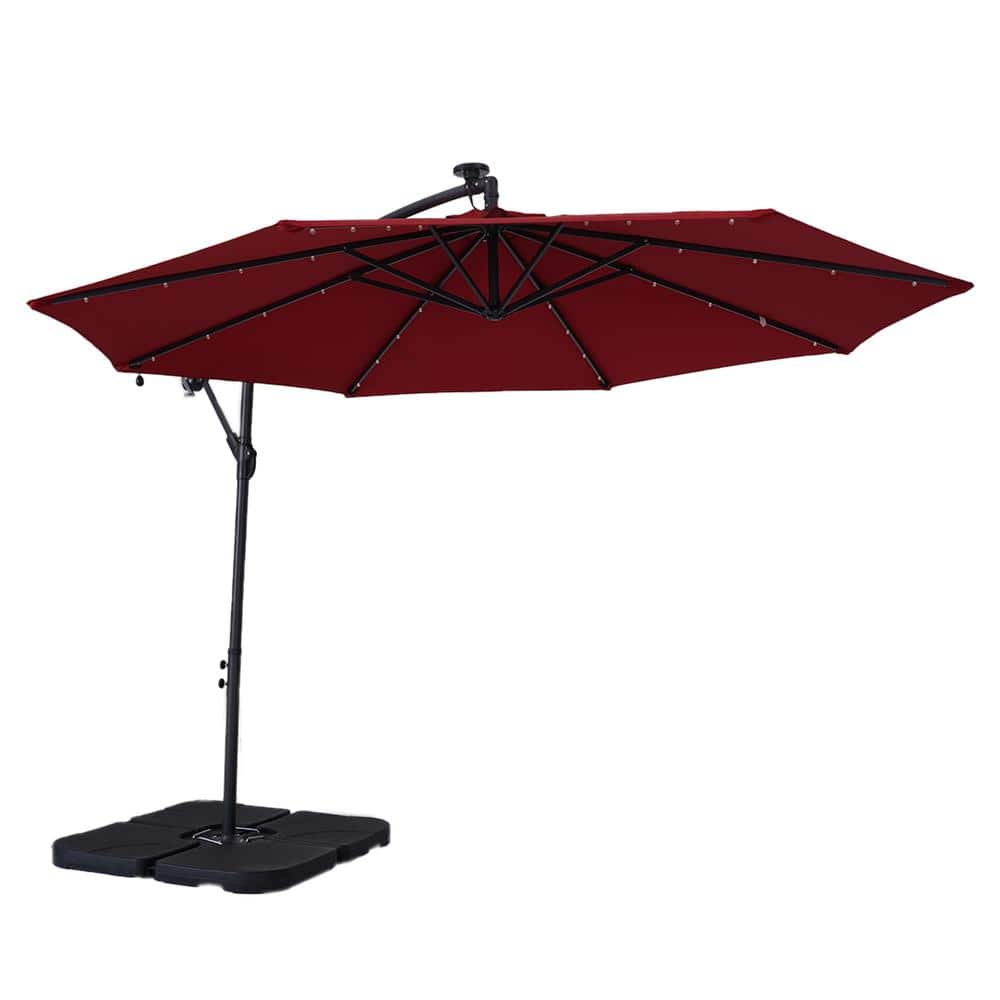 10 ft. Red Steel Outdoor Solar Led Tiltable Cantilever Umbrella Patio Umbre