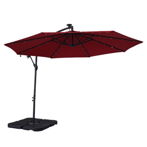 10 ft. Red Steel Outdoor Solar Led Tiltable Cantilever Umbrella Patio ...