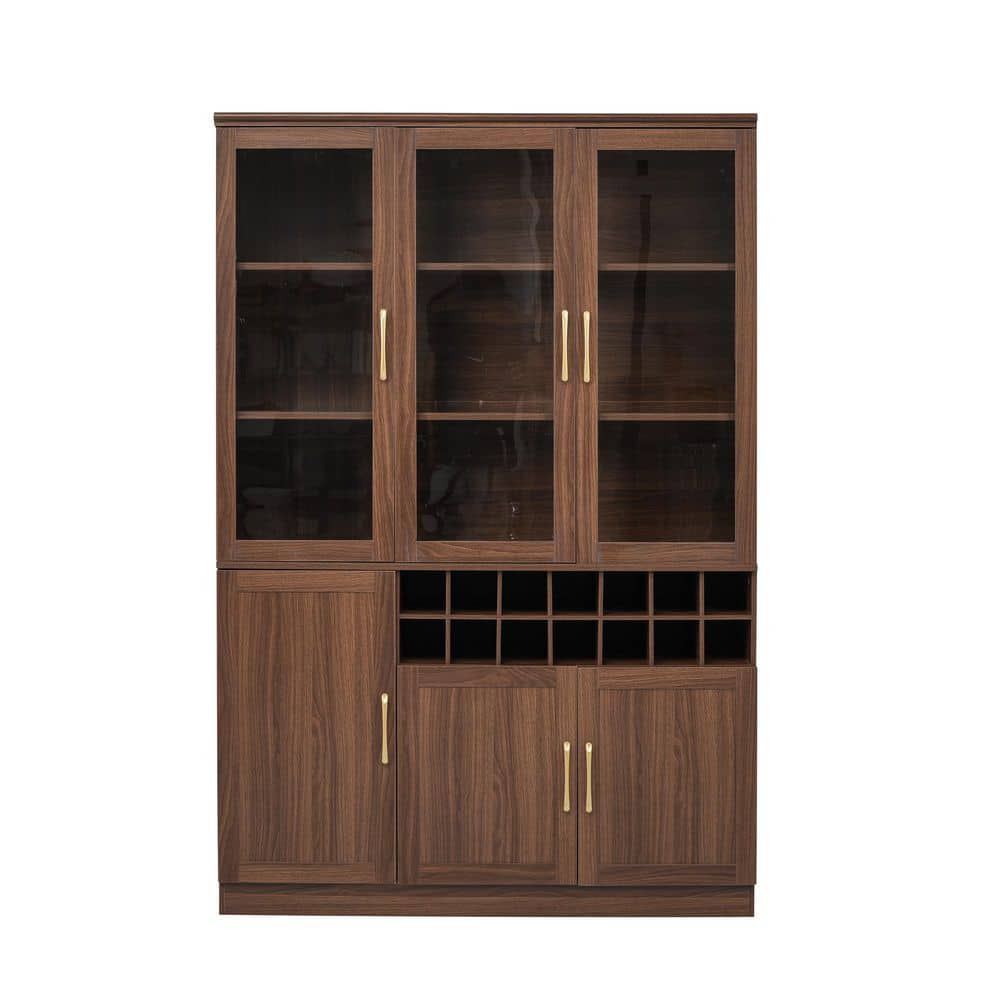 Walnut Brown Wood Pantry Organizer, Tall Wine Bar Cabinet with Removable 14-Bottle Wine Rack and Built-In Door Shelves