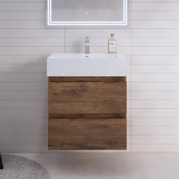 Monterey 24 in. W x 20 in. D x 26 in. H Single Sink Floating Bath Vanity in Rose Wood with White Acrylic Top