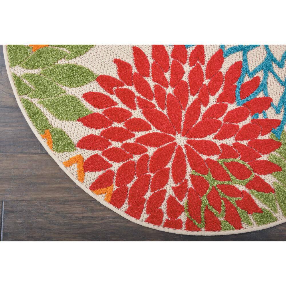 Green Floral Round Synthetic Flat Woven Area Rug