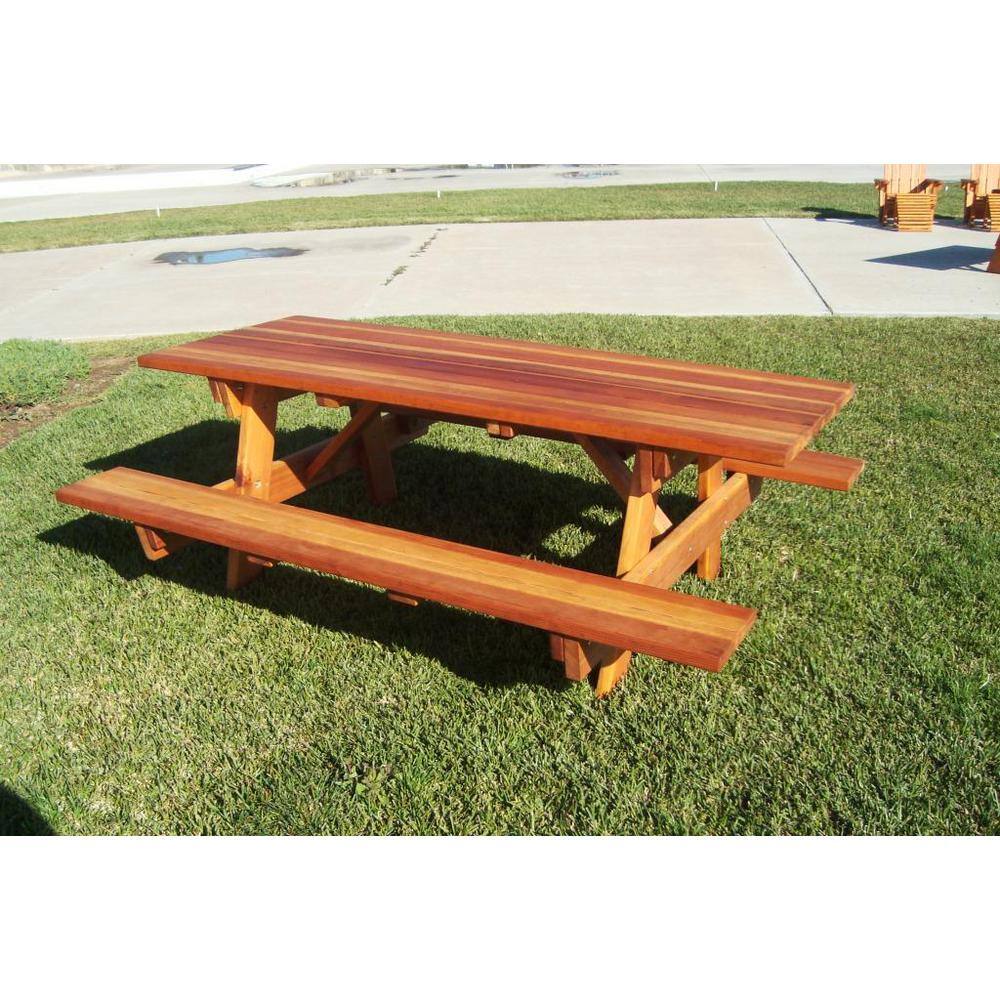 96" Medium Brown Redwood Picnic Table with Attached Benches