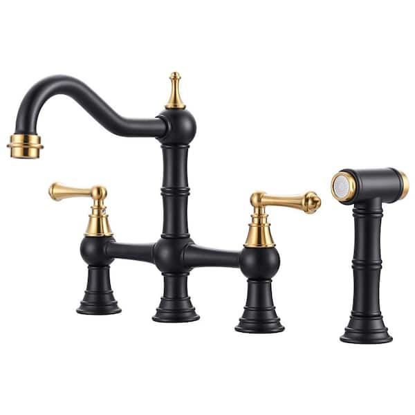 Brass 8 in. Double Handle Bridge Kitchen Faucet with Brass Valve, Side Sprayer and Supply Lines in Black and Gold